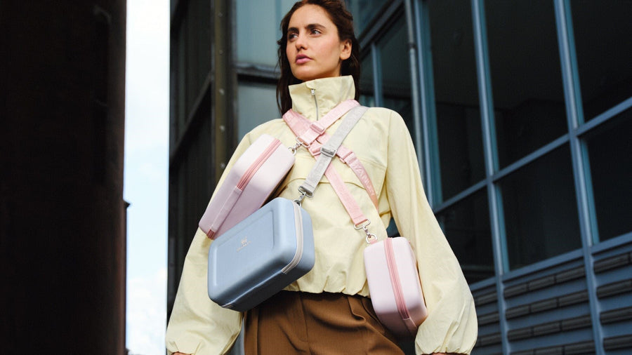 Stanley 1913 All Day Mini Lunch Box in Blue Dream and Rose Quartz worn crossbody