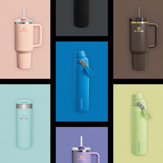 Collage of various insulated tumblers in different colors and designs.