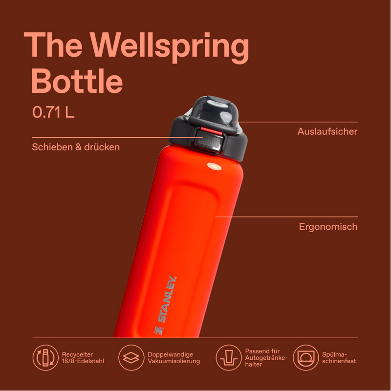 Stanley 1913 Classic Wellspring Bottle 0.71L in Blaze Orange | Infographic View