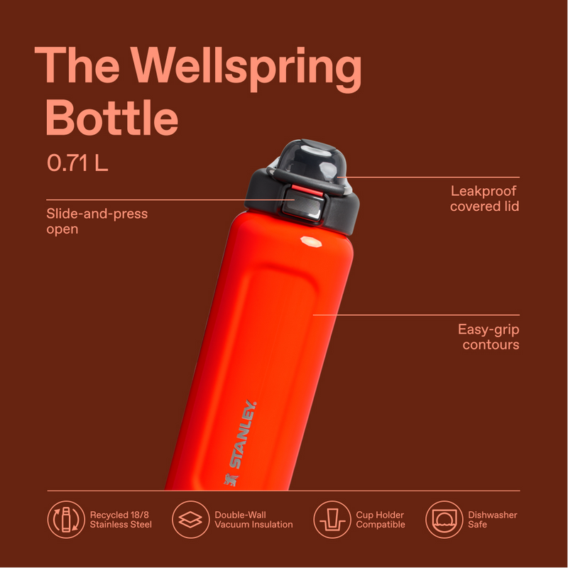 Stanley 1913 Classic Wellspring Bottle 0.71L in Blaze Orange | Infographic View