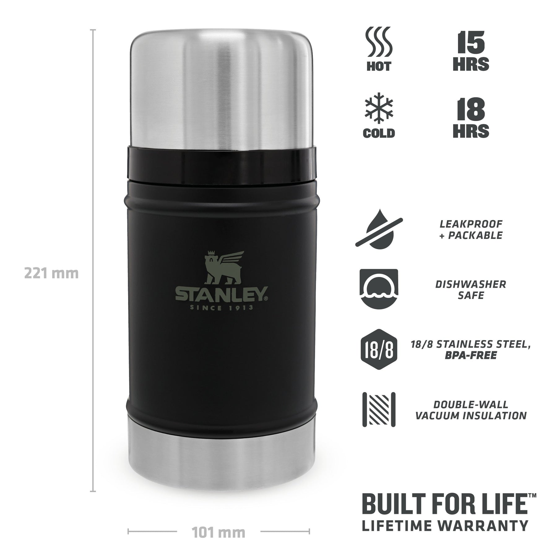 Stanley Thermos 18 Oz. Soup Or Food , Stainless Steel Black With spoon