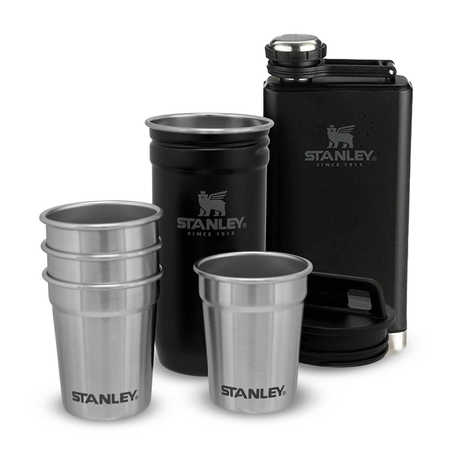 Stanley Adventure Pre-Party Shot Glasses Set + Hip Flask Hammertone Green –  BPA Free Stainless Steel Flask - Alcohol Gifts Set - Dishwasher Safe